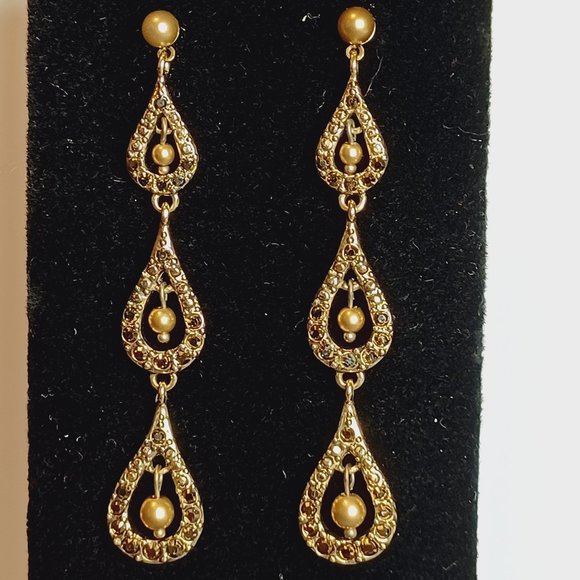 Monet Champagne Brown Colored Pearl Dangle Stud Earrings - Picture 13 of 15